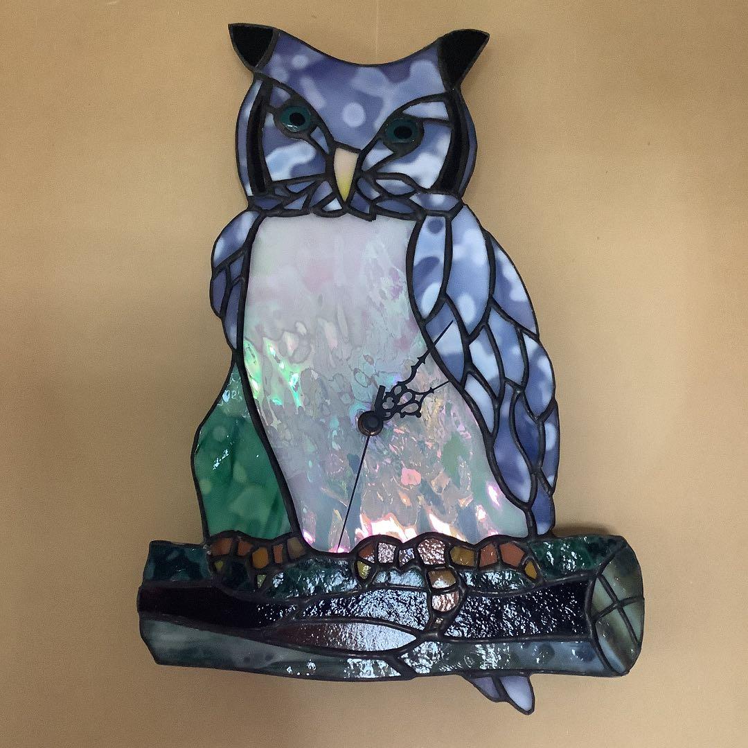 ステンドグラス　壁掛けふくろう時計(244)