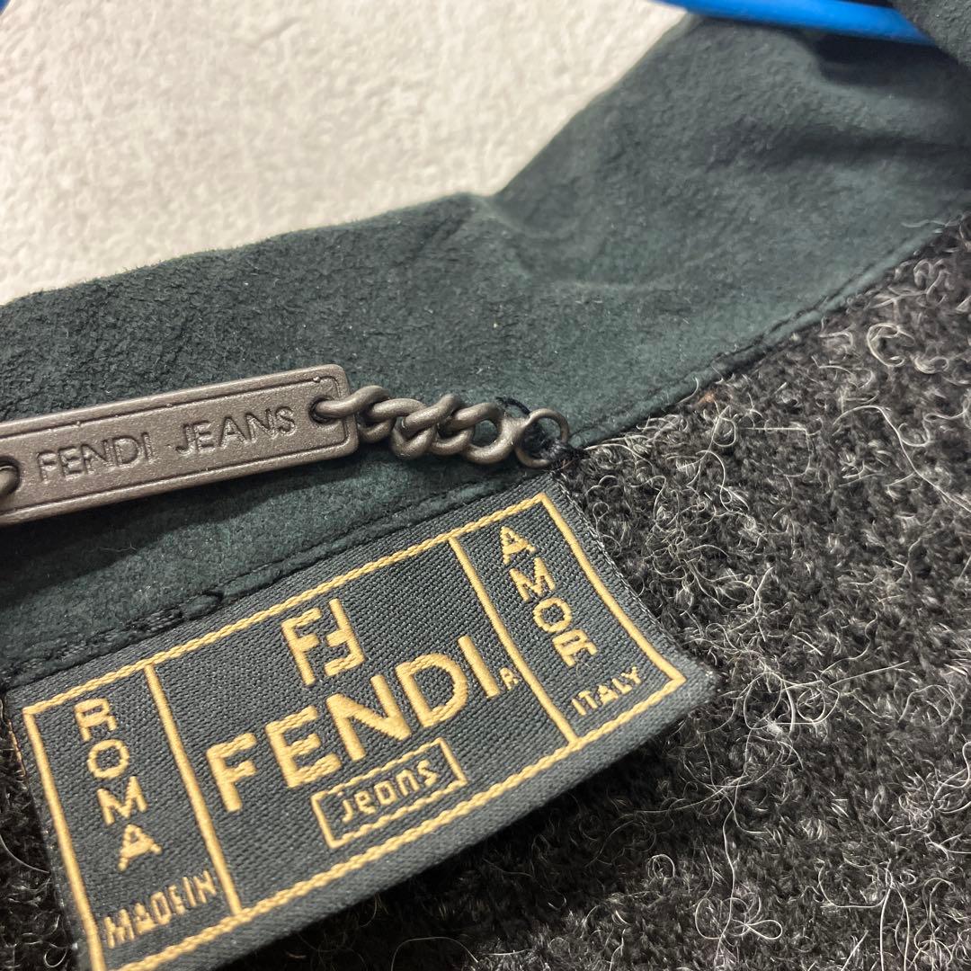 FENDI jeans ニットジャケット　ニットコート　レザー　△1