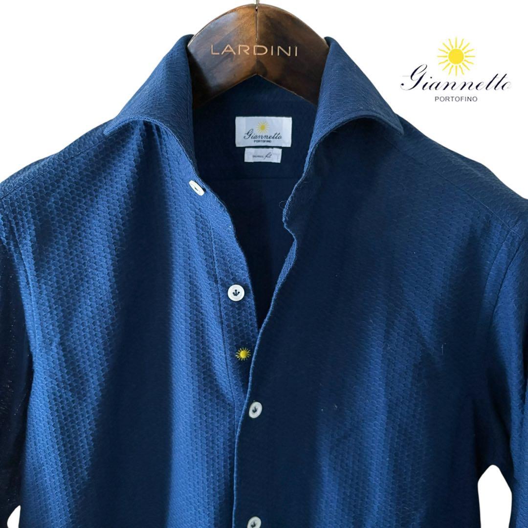 GIANNETTO vinci fit/ネイビー/コットンニットストレッチシャツ