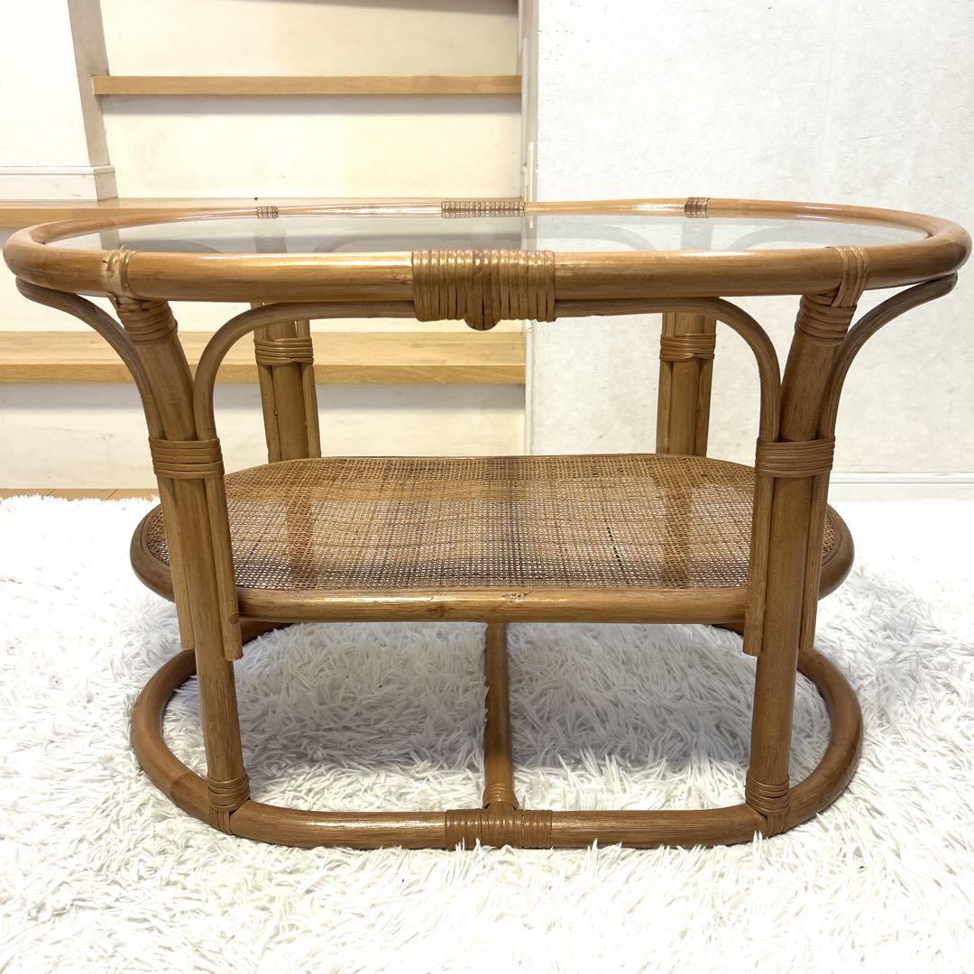 ラタン　テーブル　ガラス　昭和レトロ　アジアンテイスト　送料無料