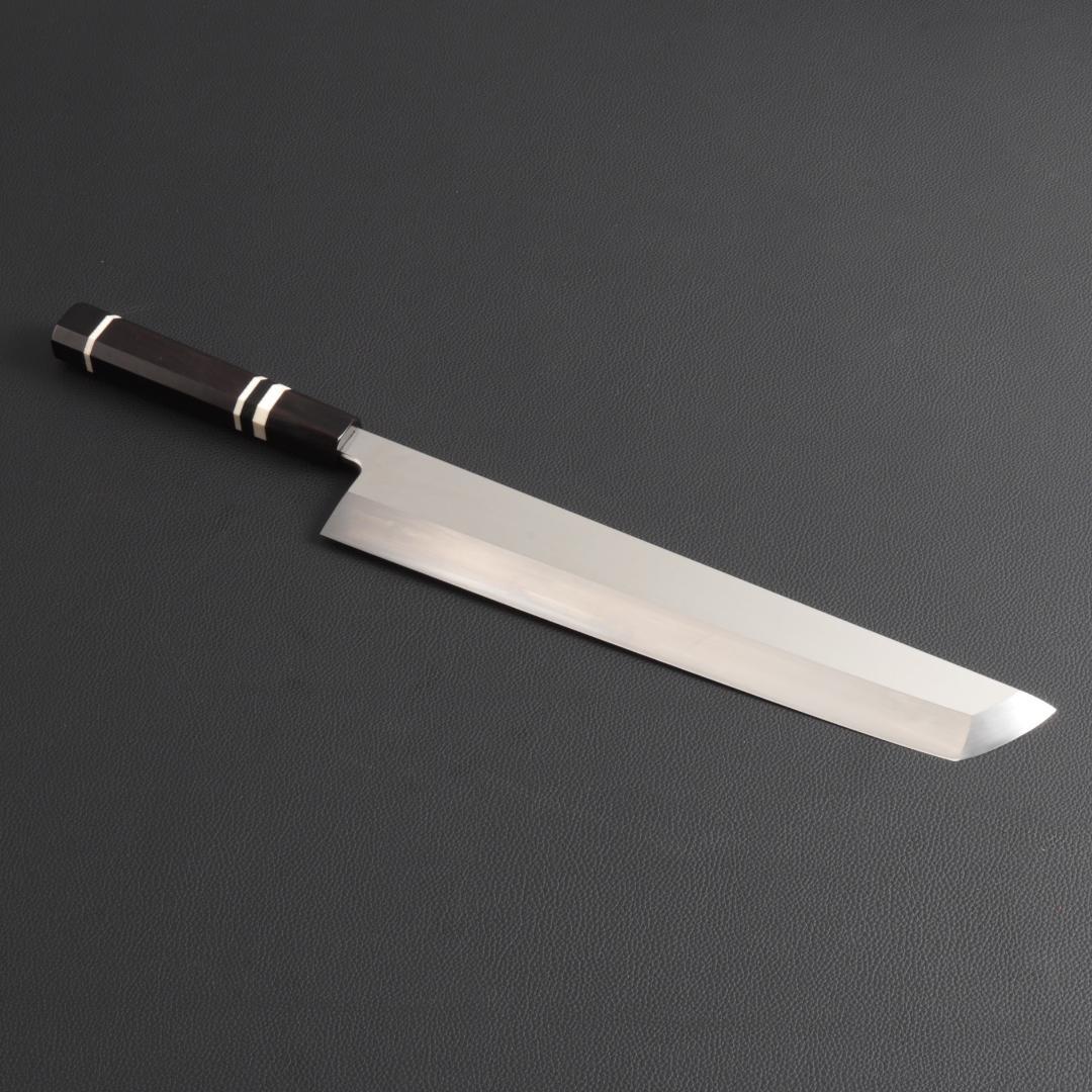 10324梵静刃物 骨切り鱧切り包丁 尺寸 刺身包丁 黒檀黒水牛角白三本巻八角柄