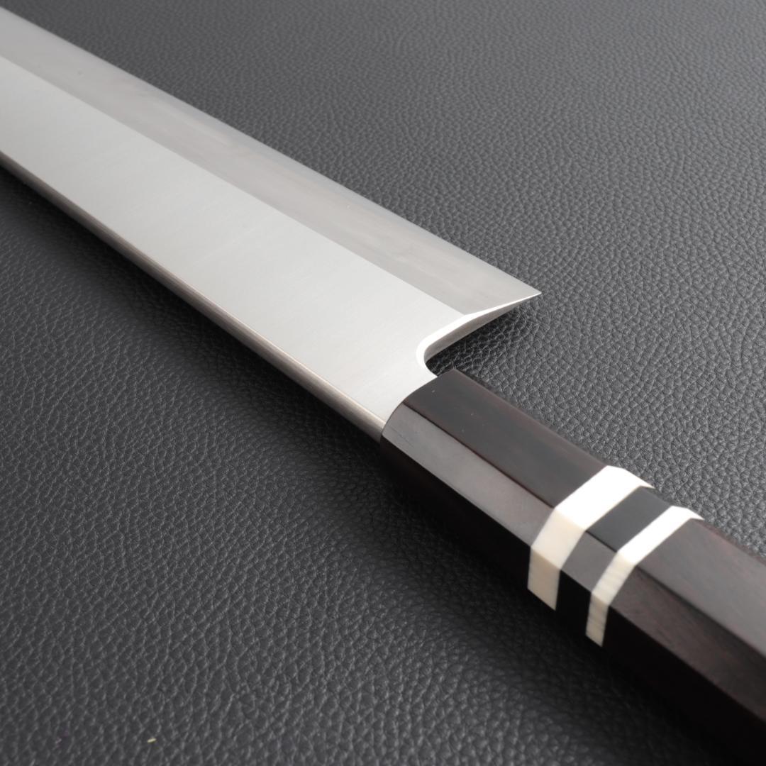 10324梵静刃物 骨切り鱧切り包丁 尺寸 刺身包丁 黒檀黒水牛角白三本巻八角柄