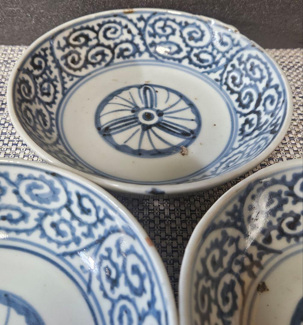 江戸時代中期　古伊万里　染付　たこ唐草文様　なます皿　膾皿　くらわんか皿　3客