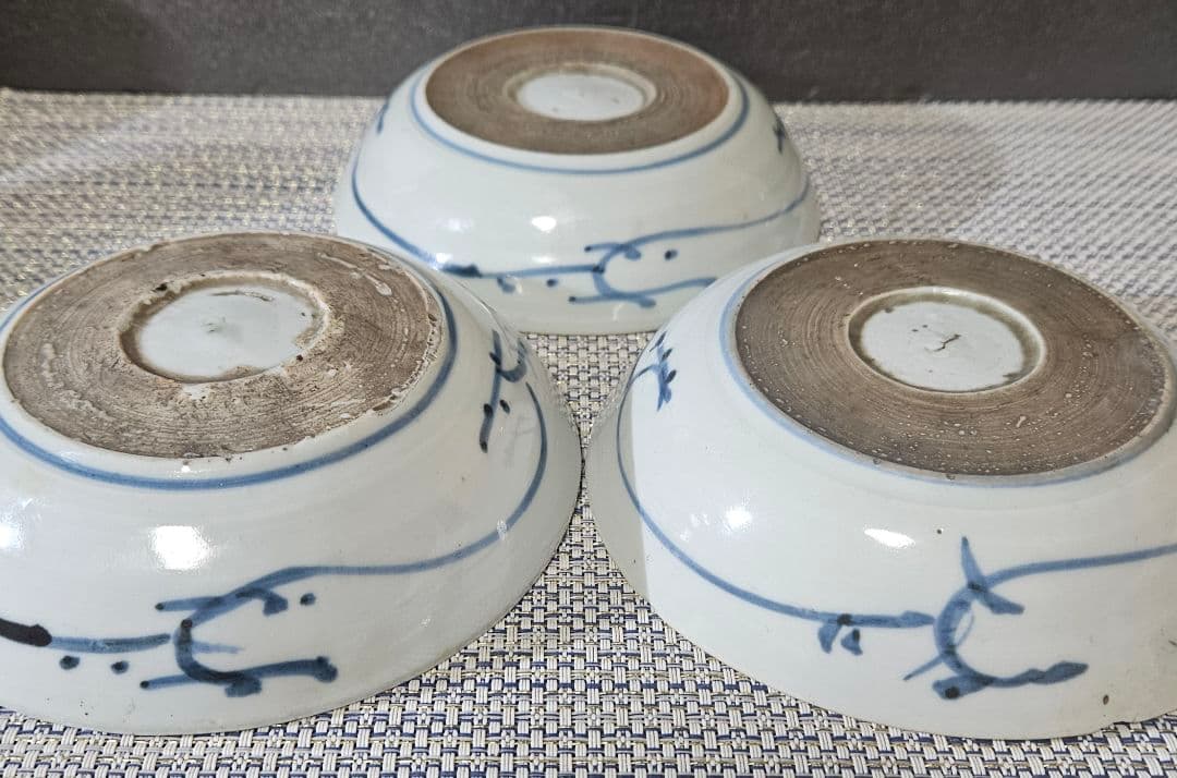 江戸時代中期　古伊万里　染付　たこ唐草文様　なます皿　膾皿　くらわんか皿　3客