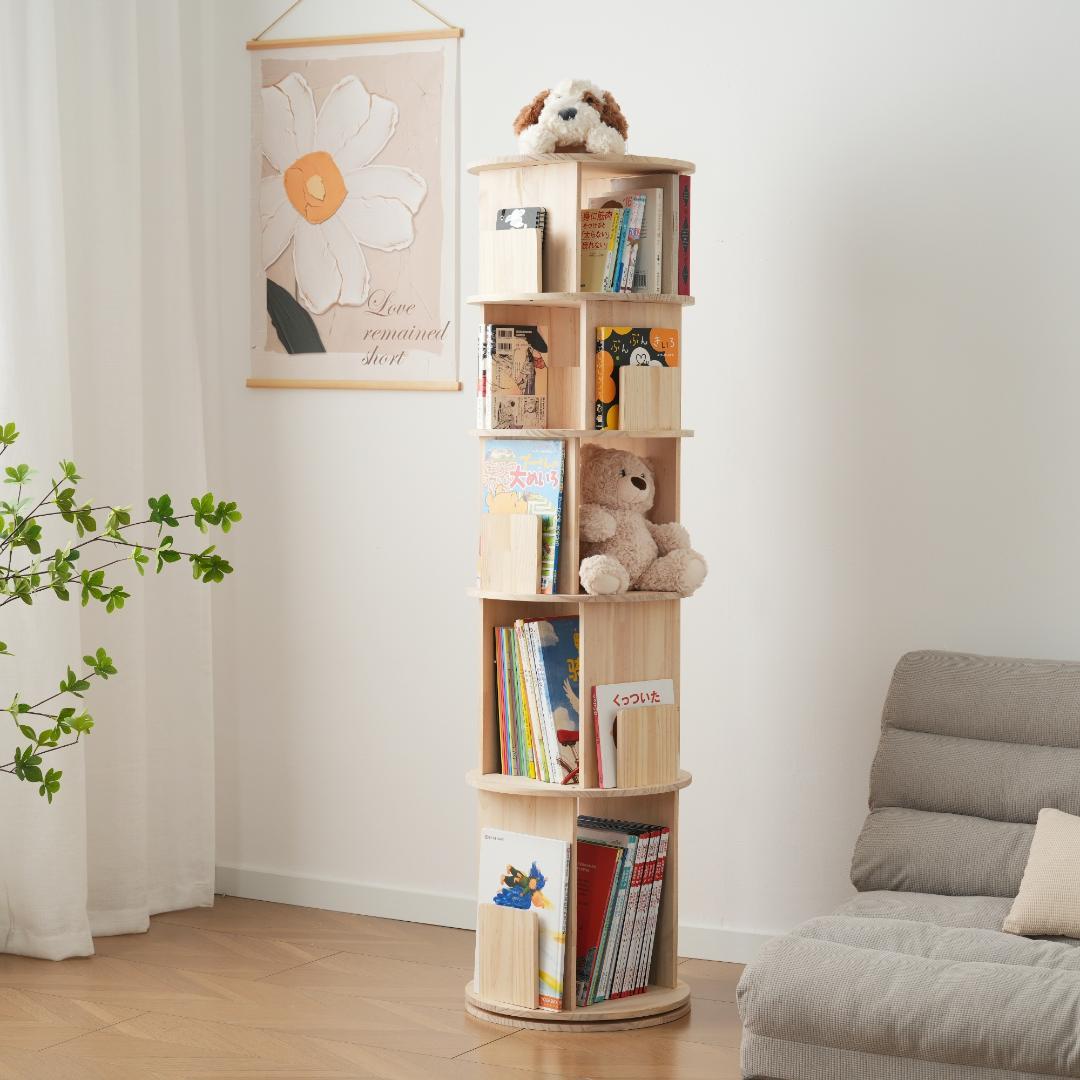 【5段-回転盤-マルチ高さ-タイプB】無垢 回転式本棚 絵本棚 360°回転本棚