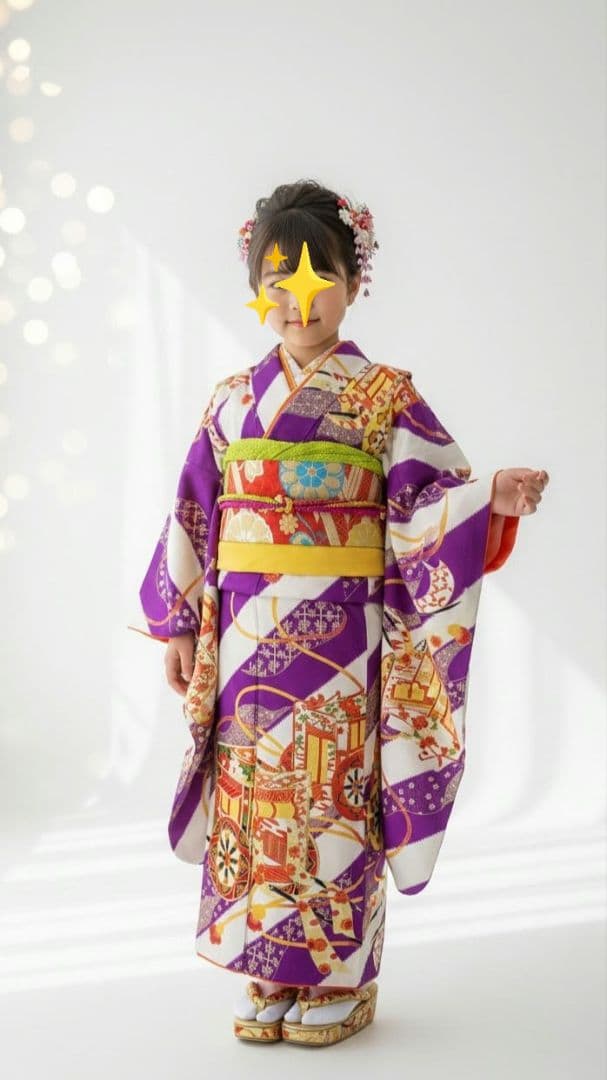 7歳　正絹白紫御所車　七五三　お着物・帯セット