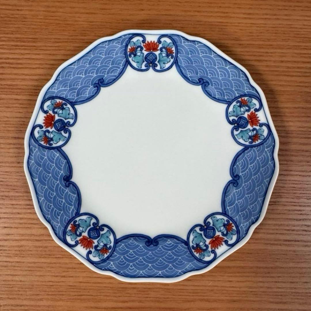 伊万里焼 畑萬陶苑：色絵墨弾き青海波唐花紋 木瓜型5寸皿 5枚組☆