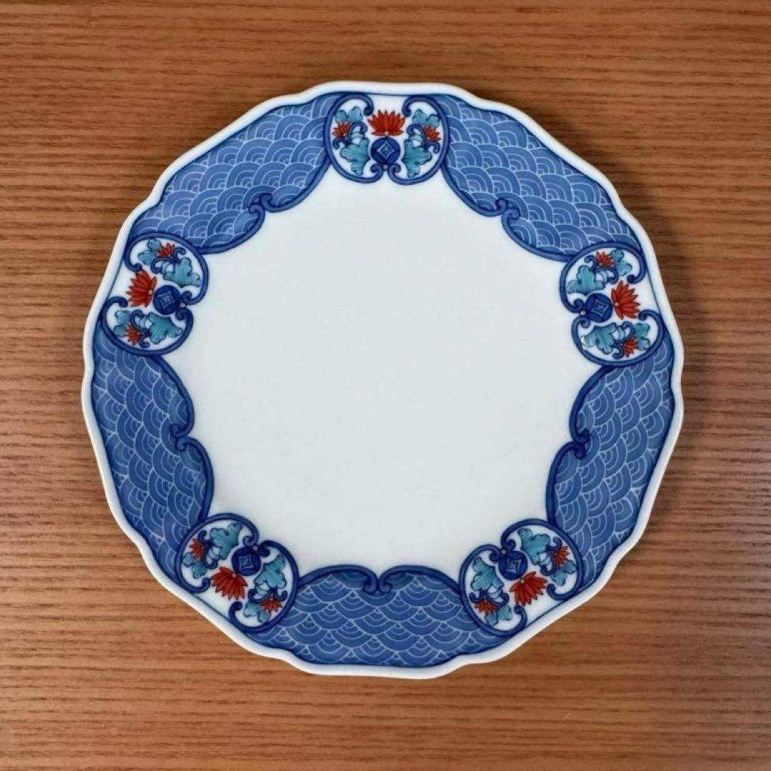 伊万里焼 畑萬陶苑：色絵墨弾き青海波唐花紋 木瓜型5寸皿 5枚組☆