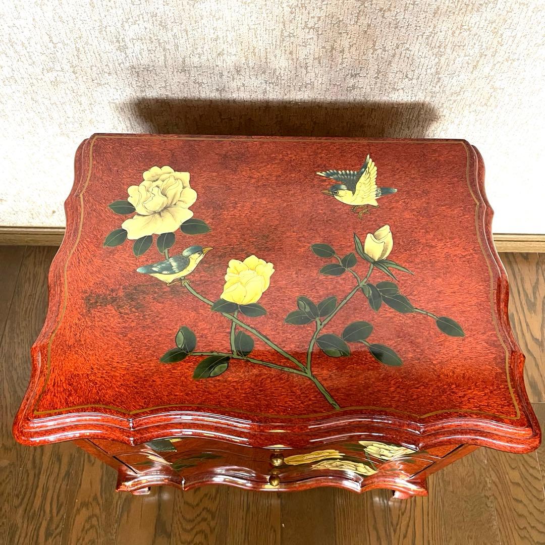 【ヴィンテージ・キャビネット】40X56X58 赤花と鳥の装飾箪笥　アジアン家具