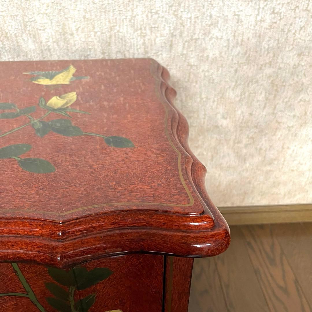 【ヴィンテージ・キャビネット】40X56X58 赤花と鳥の装飾箪笥　アジアン家具