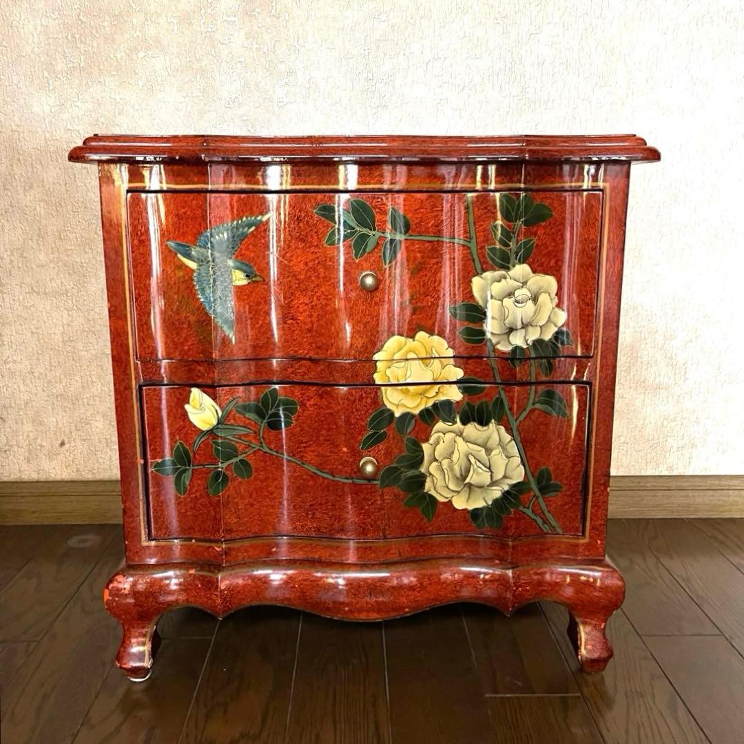 【ヴィンテージ・キャビネット】40X56X58 赤花と鳥の装飾箪笥　アジアン家具