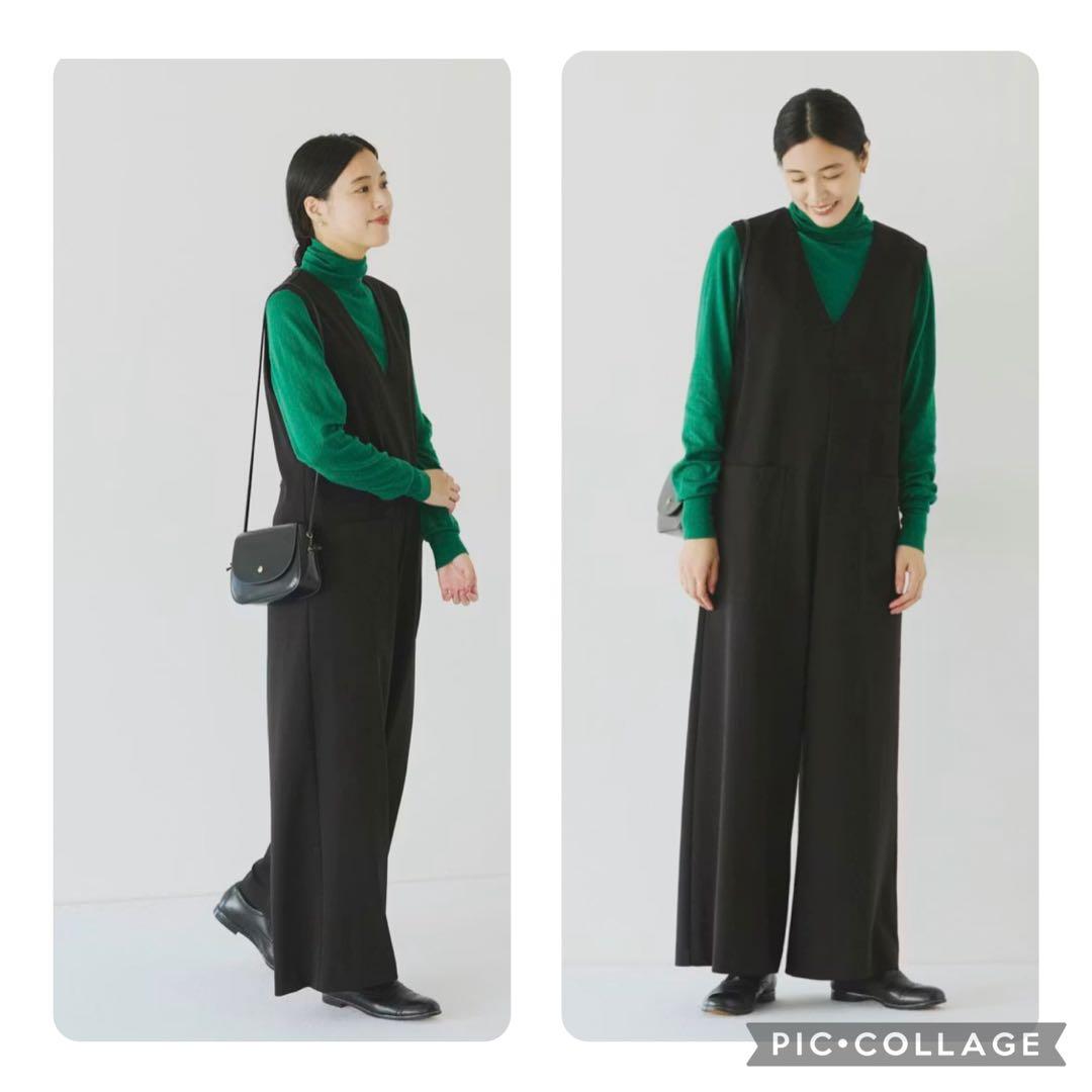 「気軽に着られて、きれい見え」ポンチ素材のオールインワン　黒　Sサイズ