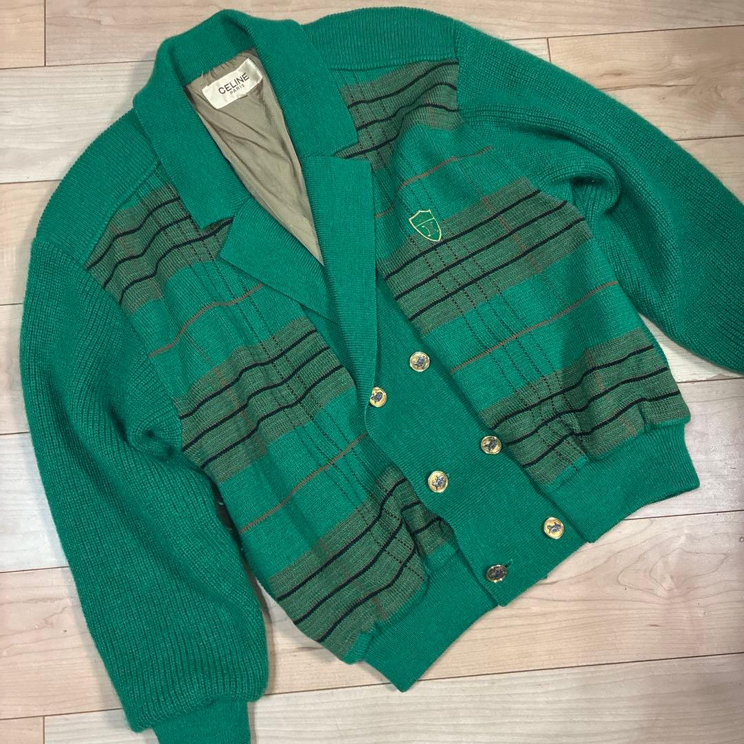 か*ず様 M455 CELINE 緑色 ストライプ カーディガン