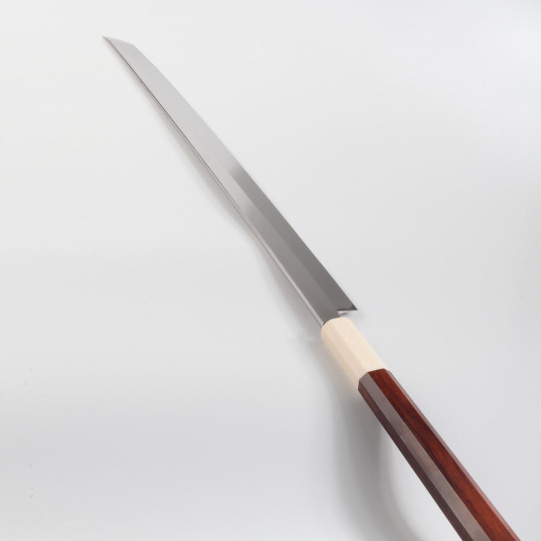 梵静刃物マグロ包丁刃渡二尺 ヘアライン仕上げ刺身包丁反りスネークウッド柄 鞘付き