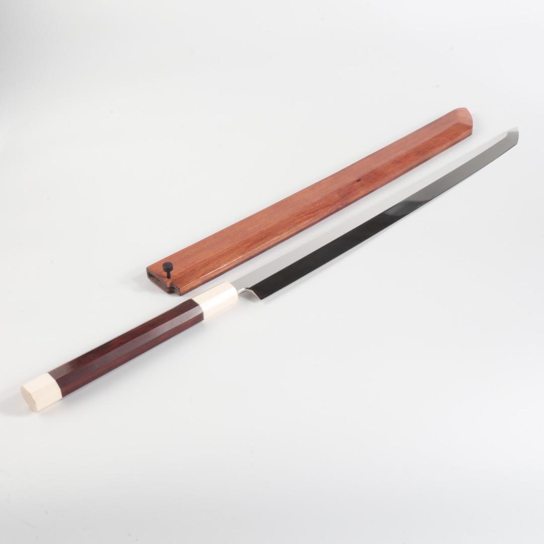 梵静刃物マグロ包丁刃渡二尺 ヘアライン仕上げ刺身包丁反りスネークウッド柄 鞘付き