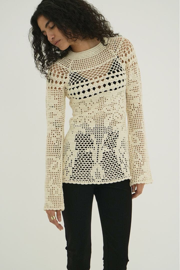 トップス CLANE BACK OPEN CROCHET KNIT TOPS
