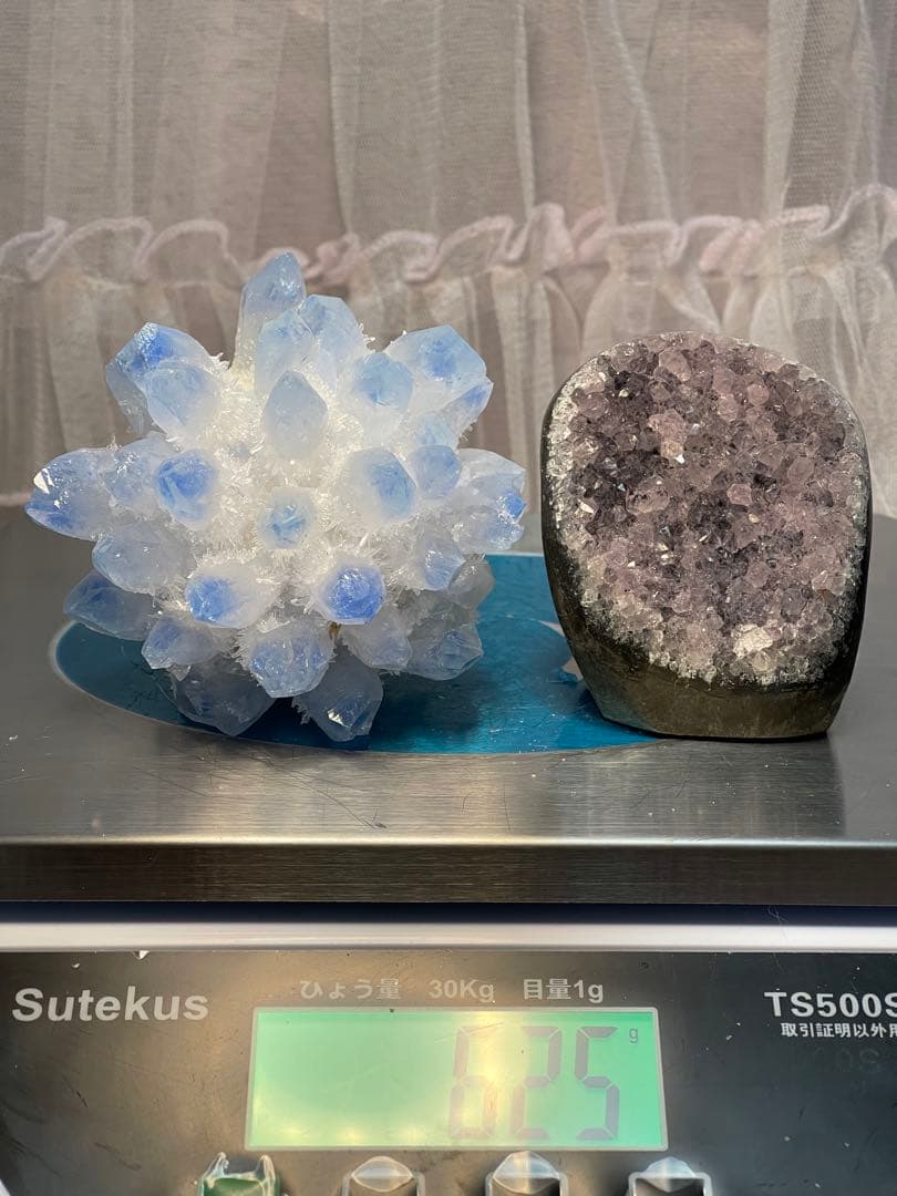 青い水晶クラスター パワーストーンクリスタルとアメジストクラスター セット