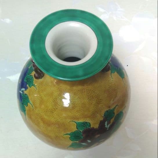 花瓶　九谷焼　青手　鳳凰　花鳥紋様　作家物　寛作　ア30