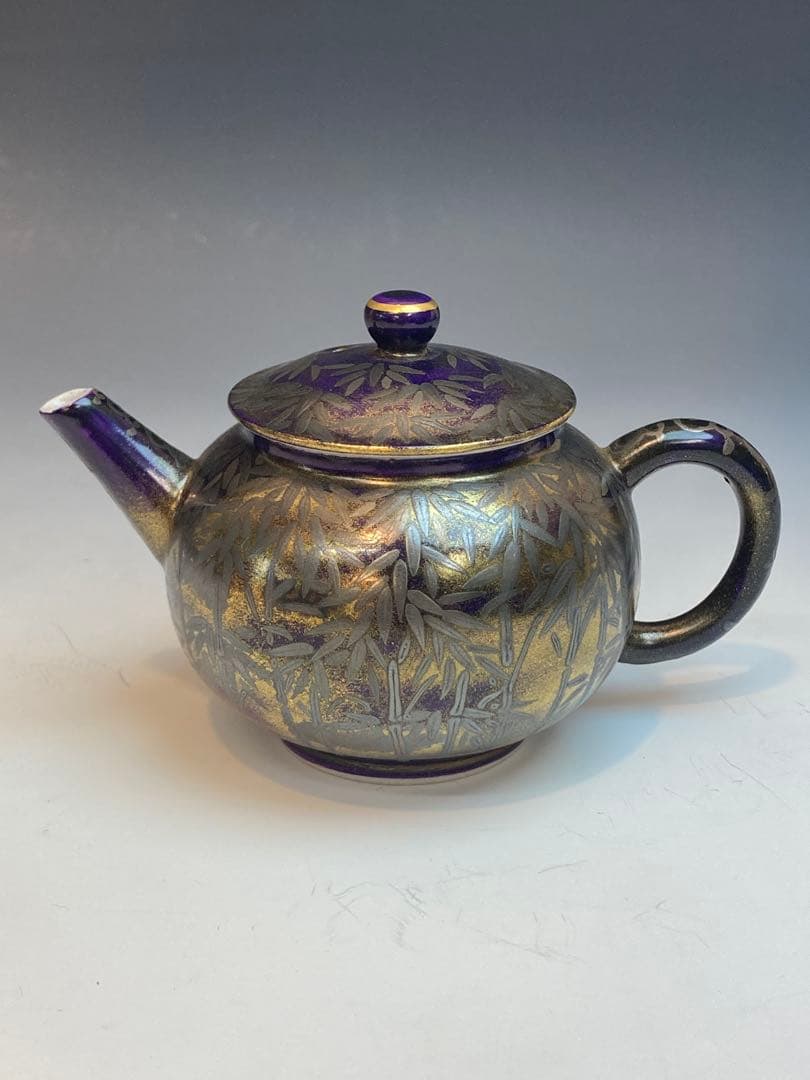 黄檗清鳳 作 紫地銀彩竹林茶注 急須 共箱 煎茶道具 茶道具