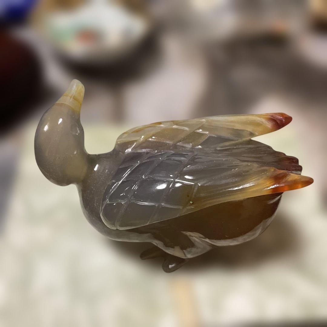 瑪瑙彫刻 鳥の置物 グレーオレンジ