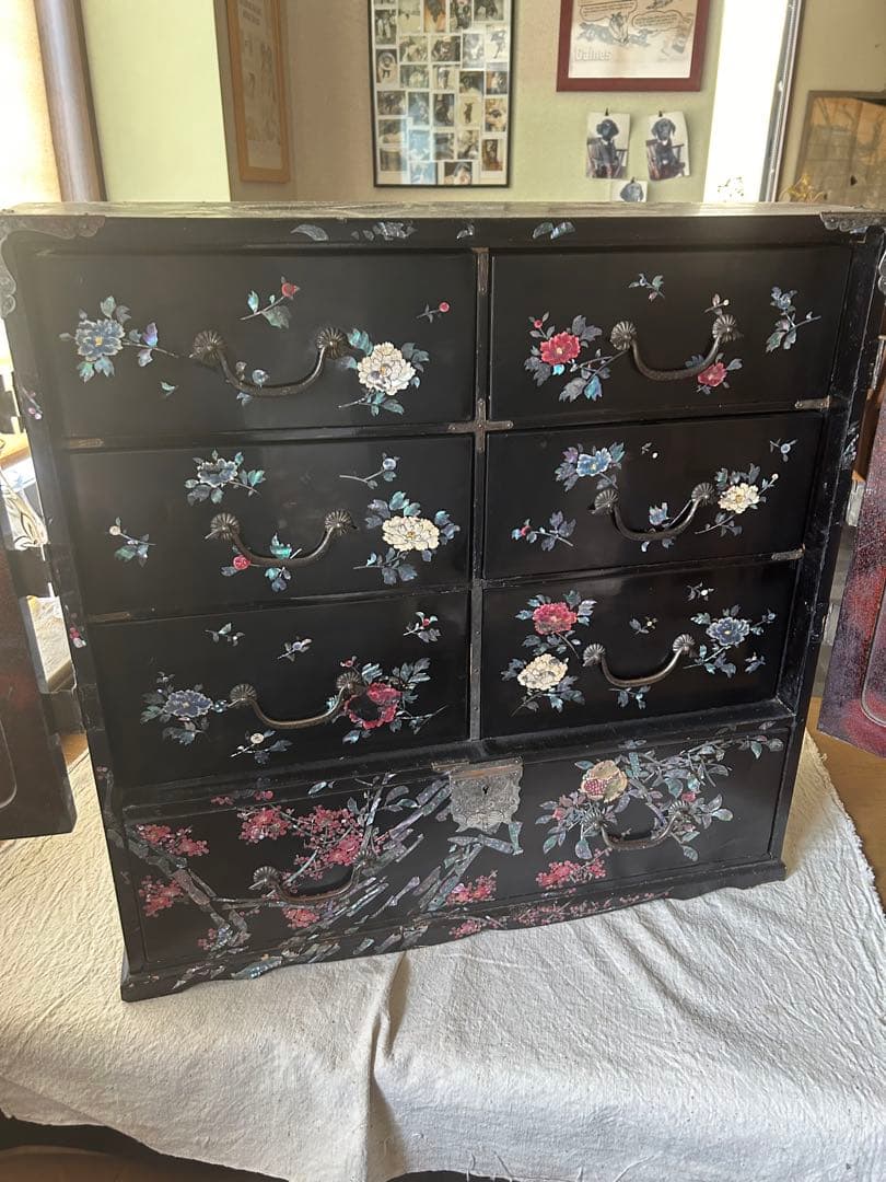 ①螺鈿細工　箪笥　アンティーク　難あり