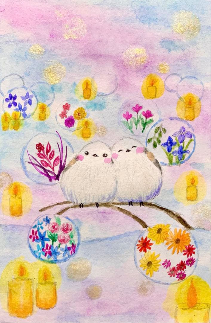 ♡たまみな♡水彩画 花氷と灯りとシマエナガ　値段は※900円です