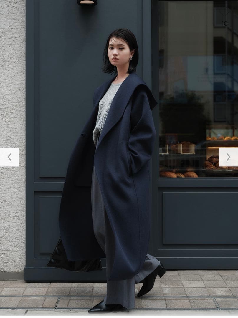 プラステ　ウールブレンドフード付きロングコート ネイビー