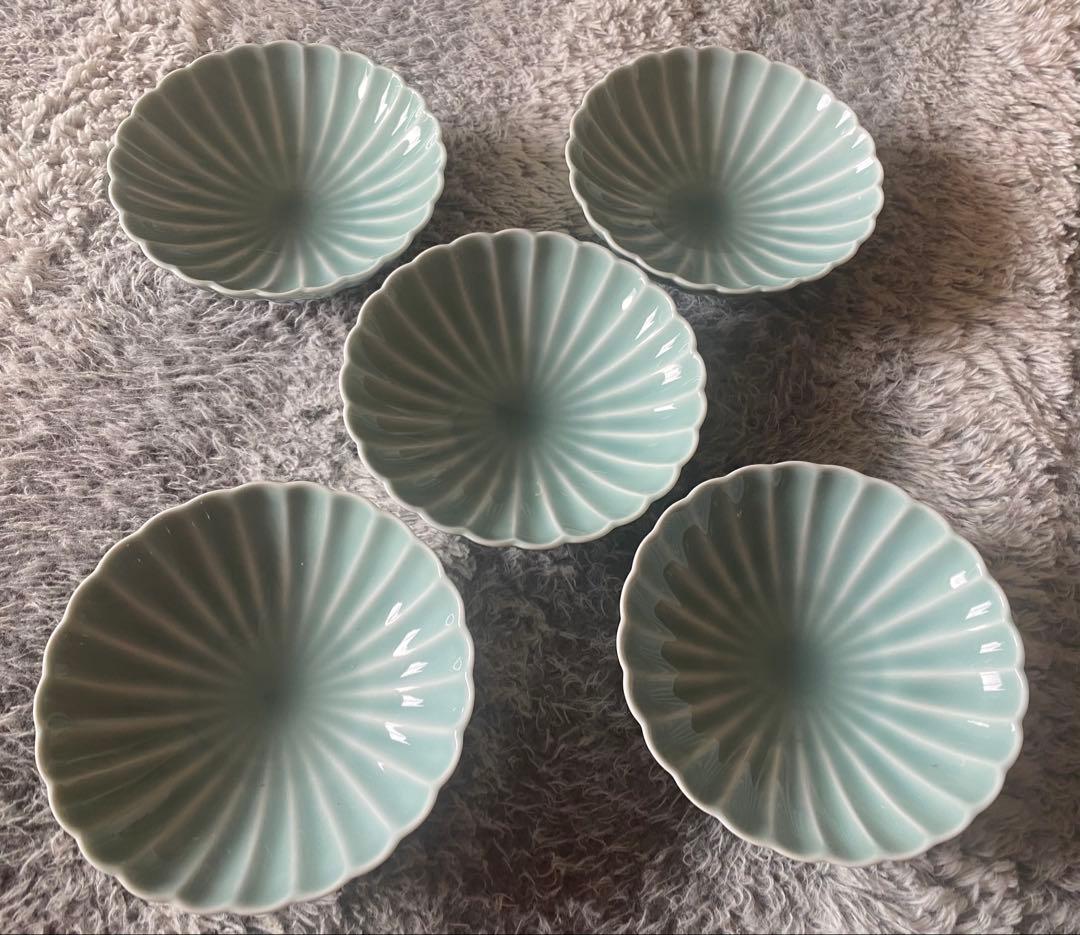 深川製磁　青磁菊割子付け揃　皿5客