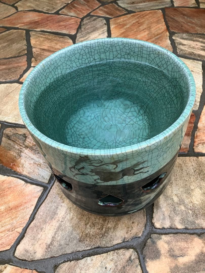 青緑色 陶器 水鉢 品野家