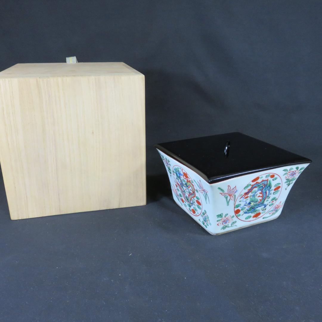 水指 色絵付け 角型 大明壽靖年製 龍 江戸期 中国骨董 赤絵