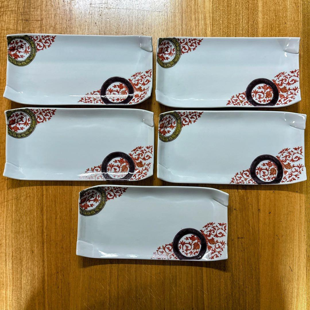 九谷焼　銀泉窯　丸紋唐草　7.8号皿揃　長皿　焼物皿　角皿　横幅23.5cm