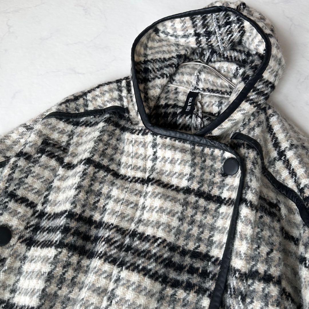 未使用級 アウラアイラ AULA AIL チェック ウール ロングポンチョコート