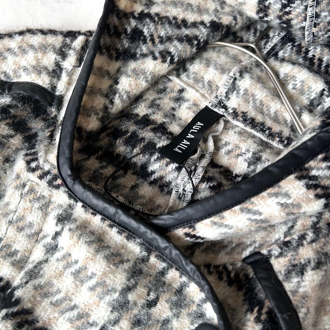 未使用級 アウラアイラ AULA AIL チェック ウール ロングポンチョコート