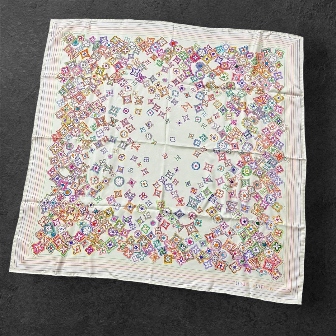 LOUIS VUITTON ホワイト マルチカラー シルク スカーフ