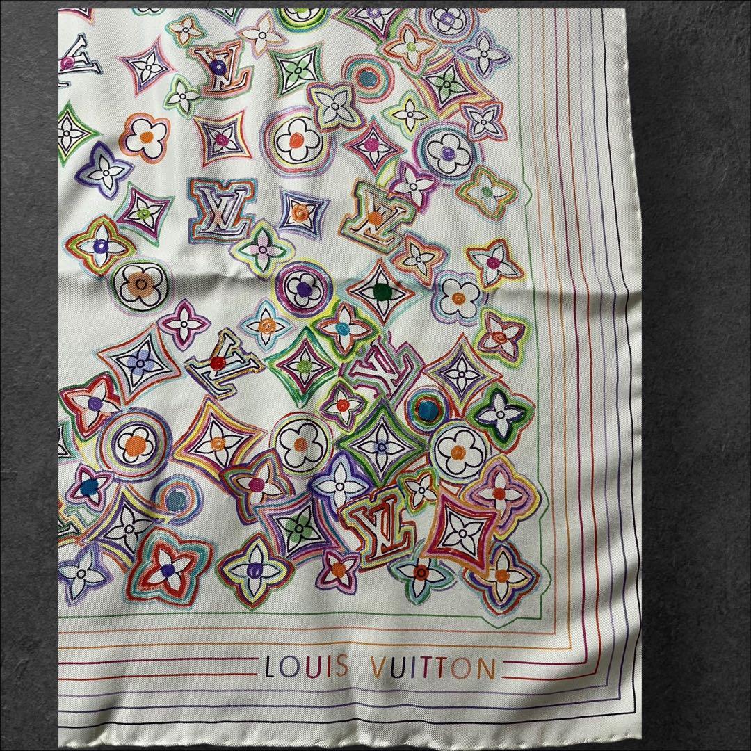 LOUIS VUITTON ホワイト マルチカラー シルク スカーフ