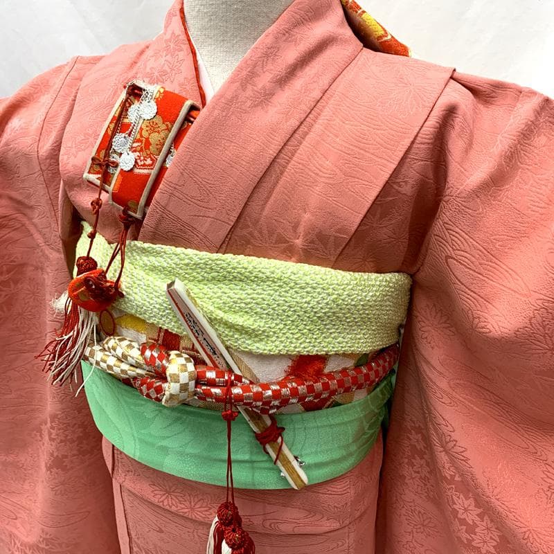 504ag5□七五三 七歳 女児 着物&袋帯&長襦袢 色無地 地紋入り□美品