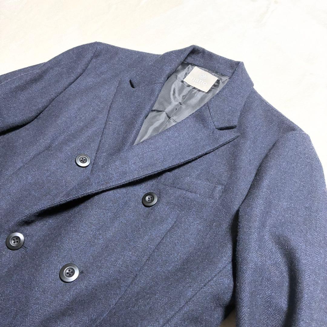 【美品】nano universe☆チェスターコート☆ダブル☆濃紺☆ヘリンボーン