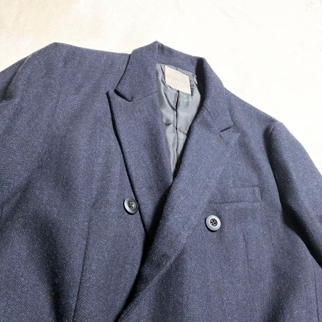 【美品】nano universe☆チェスターコート☆ダブル☆濃紺☆ヘリンボーン