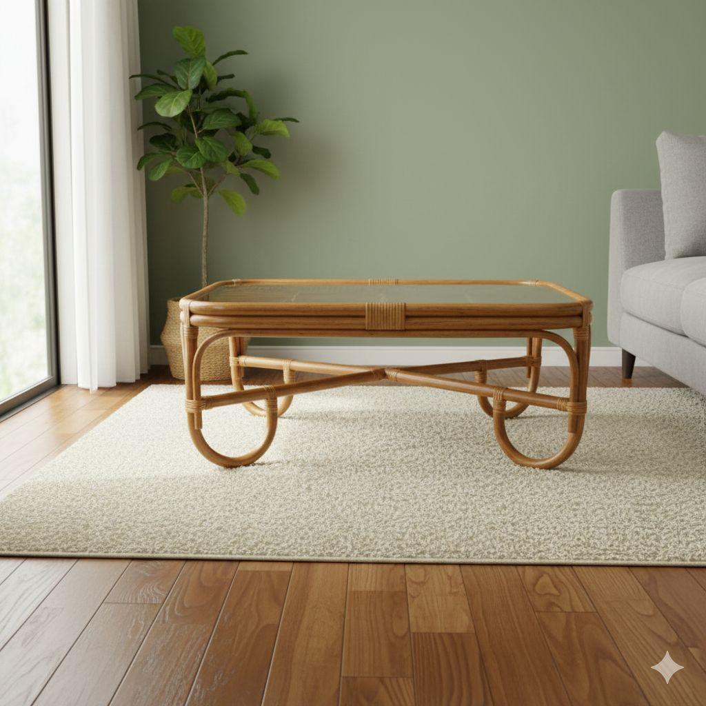 籐 ラタン ガラス天板 ローテーブル 座卓 レトロ モダン 和室 洋室 センター