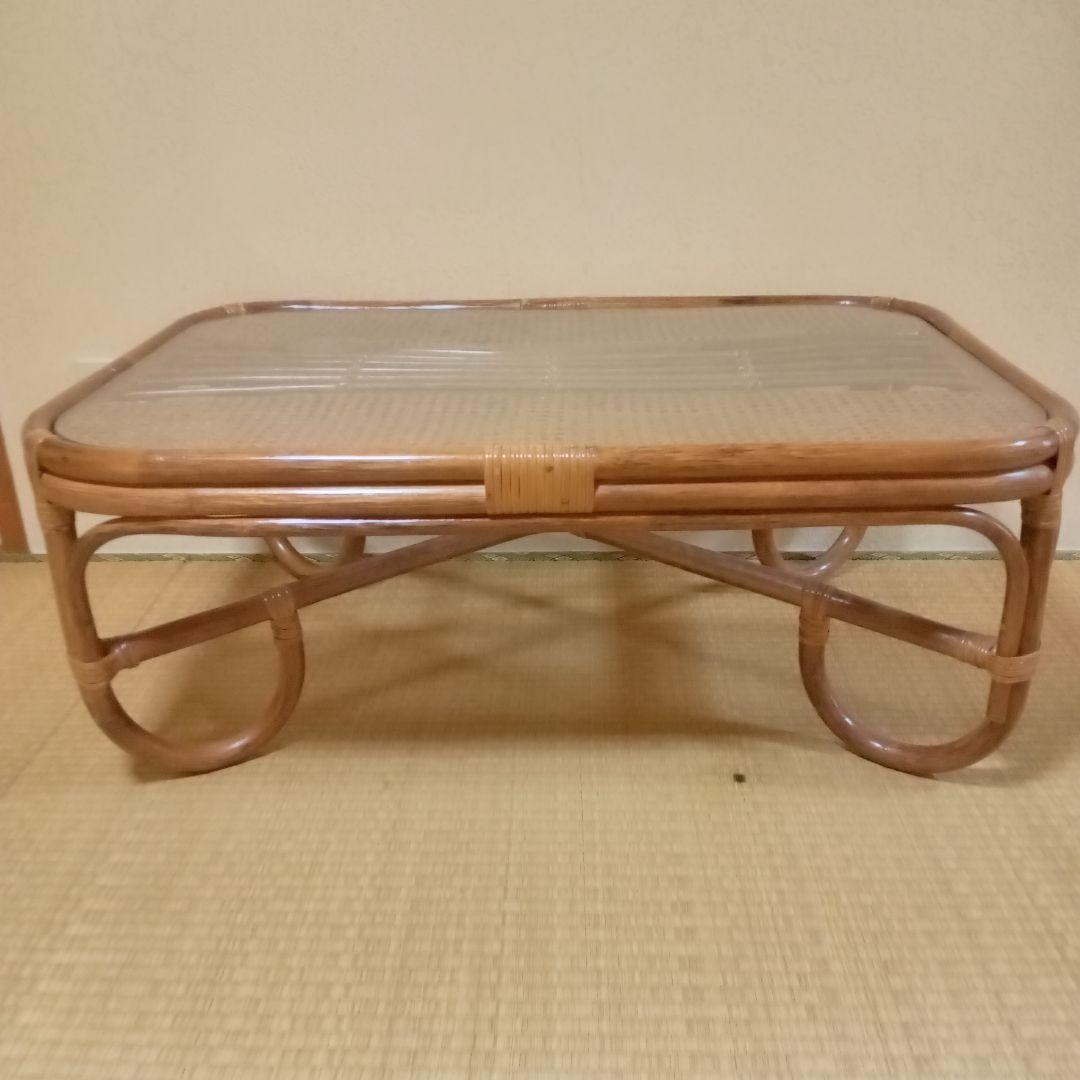 籐 ラタン ガラス天板 ローテーブル 座卓 レトロ モダン 和室 洋室 センター