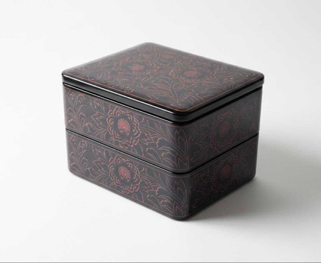 【極美品】高級 輪島塗 二段重箱 6.5寸 朱の菊文様 共箱付 本漆 天然木