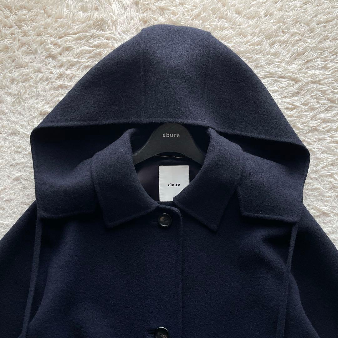 エブール フーデッドコート ロングコート マキシ丈 ウール ネイビー 36サイズ
