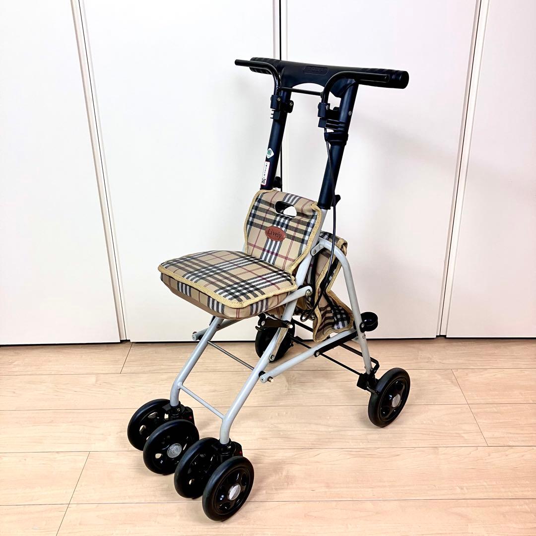 幸和製作所　Lively　座れるシルバーカー　折りたたみ　ベージュ　チェック柄