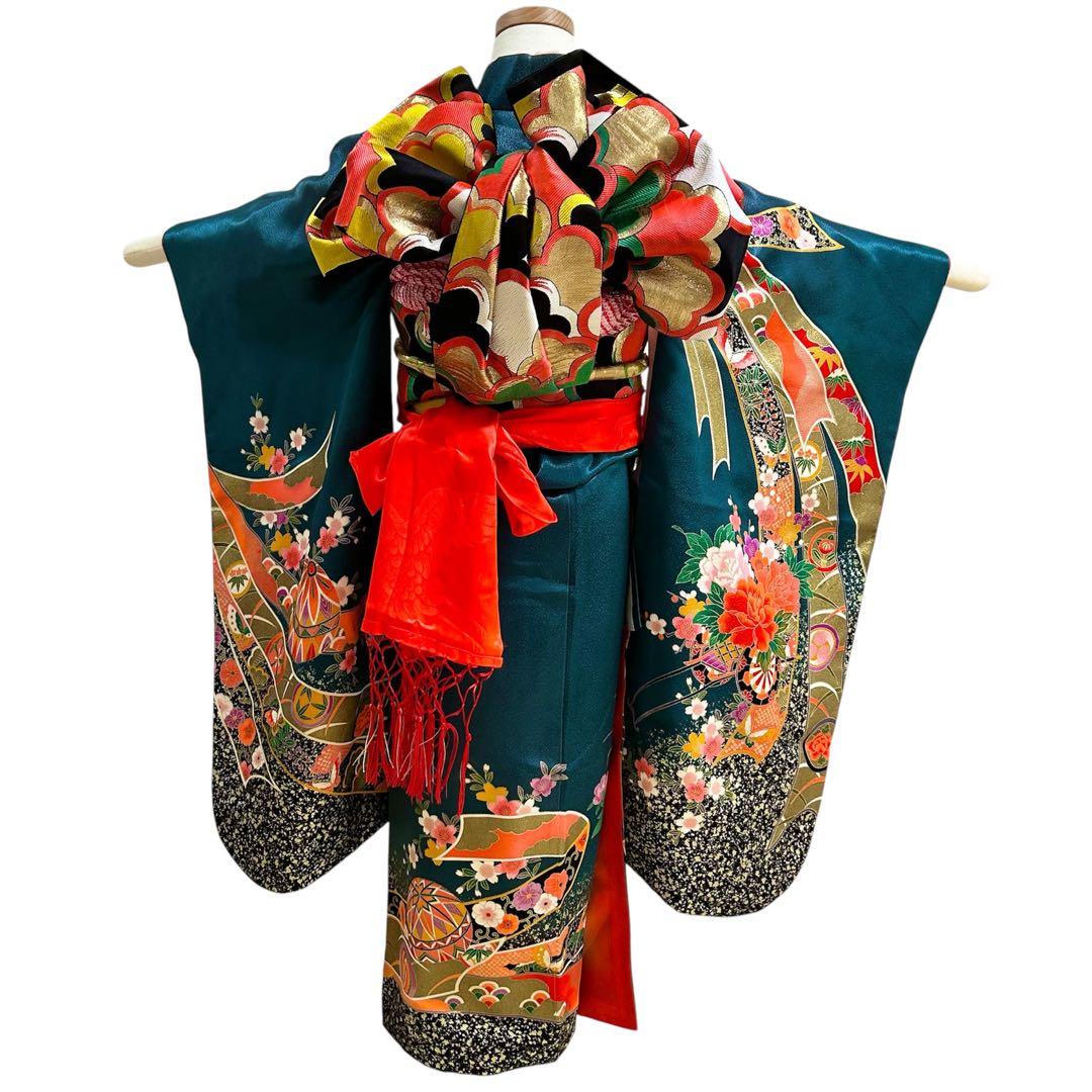 七五三　着物　7歳　女の子　13点セット　深緑　束ね熨斗　花車　四季草花　金彩