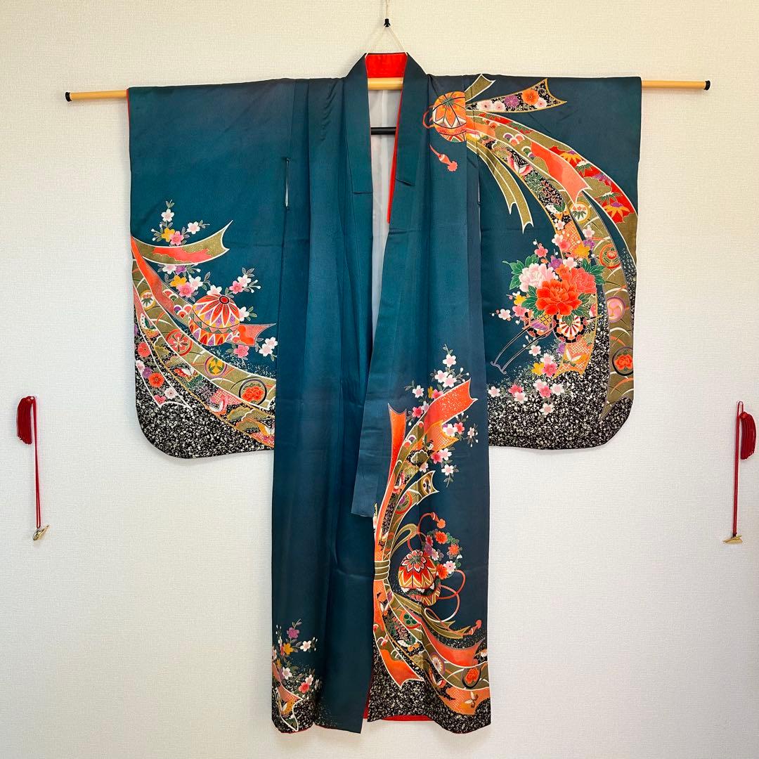 七五三　着物　7歳　女の子　13点セット　深緑　束ね熨斗　花車　四季草花　金彩