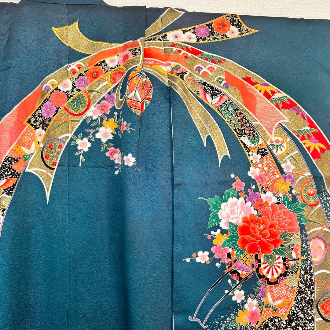 七五三　着物　7歳　女の子　13点セット　深緑　束ね熨斗　花車　四季草花　金彩