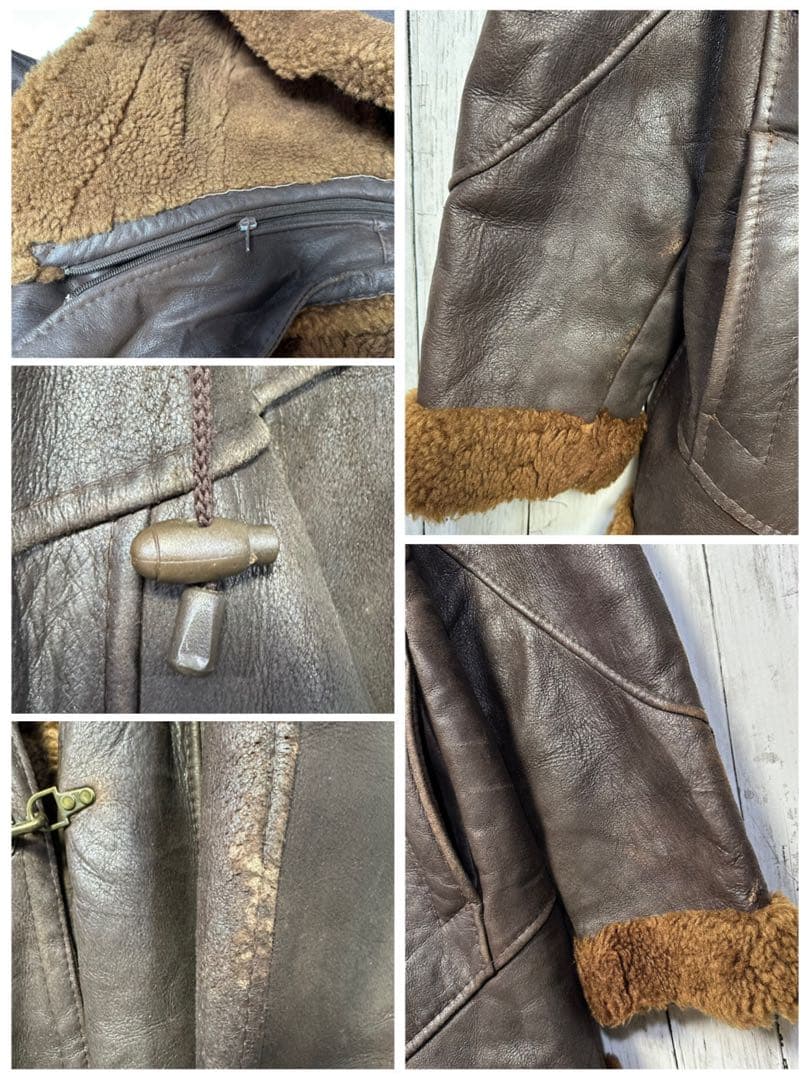 【ムートンコート☆ファイヤーマンジャケット】本革☆フード脱着可能☆XL ブラウン