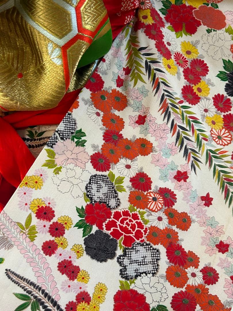 7歳　七五三　アンティーク正絹着物、帯、帯揚げ、帯締め　しごきのセット