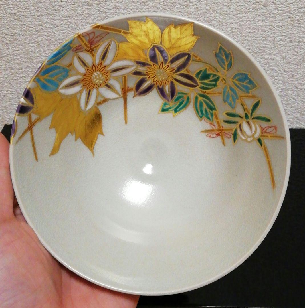 宮川香雲作　竜谷焼　色絵　花図　茶碗　共箱　共布　栞付　茶道具