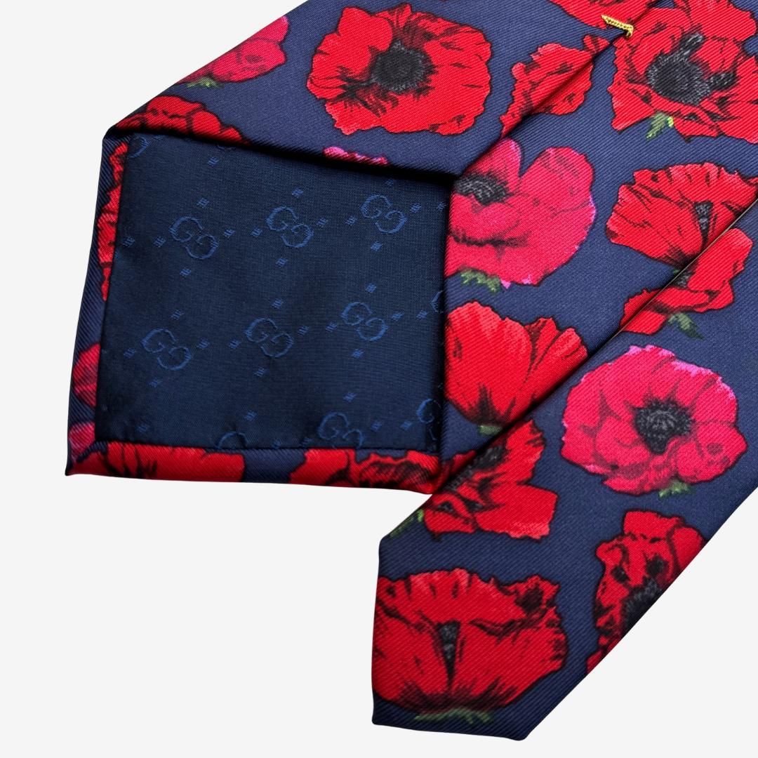 GUCCI シルクネクタイ フラワー柄 ポピー ネイビー×レッド